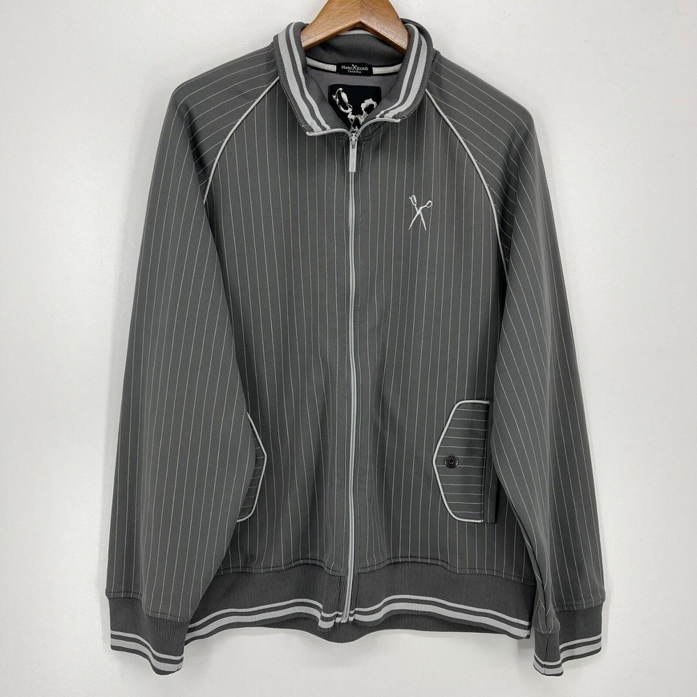 Marc Ecko Cut & Sew Mens XL Grey Pinstripe Full Zip Track Jacket Scissors Logo